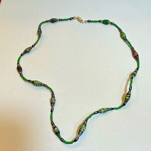 Tribal paper bead, green, medium seed bead style necklace Africa style